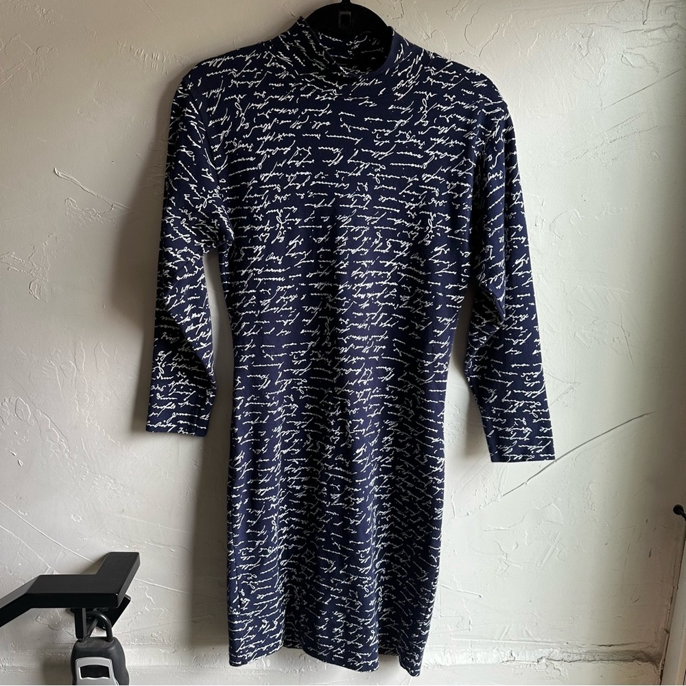 90s Navy MixIt Blue Mock Turtleneck Long Sleeve Cotton Form Fitting Dress Size M